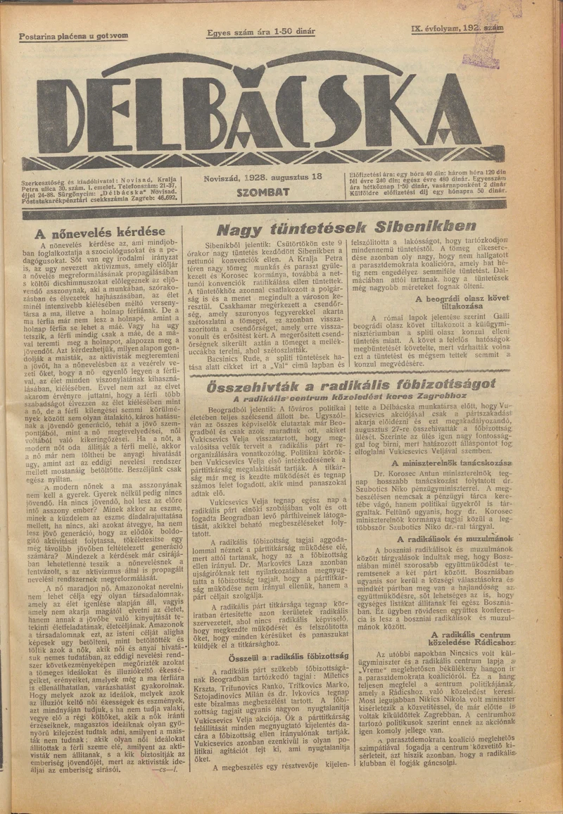 Délbácska, 9. évf. 1928. augusztus 18. 192. sz.