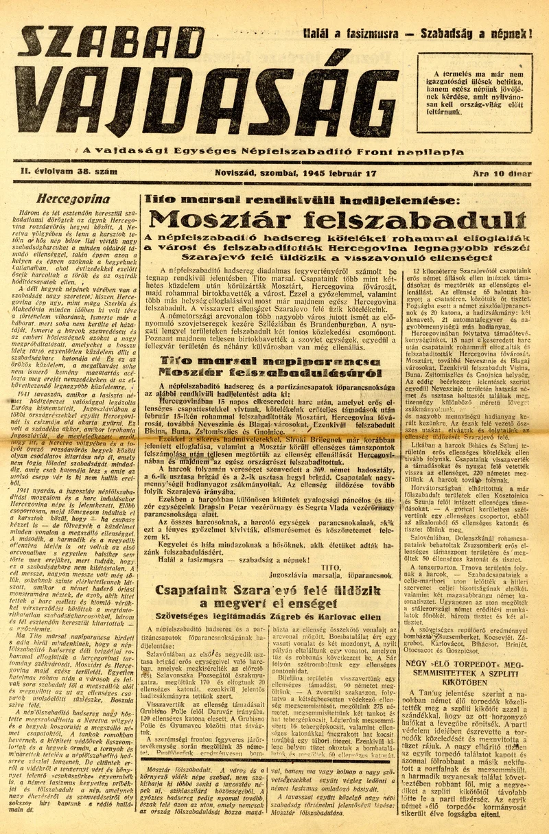 Szabad Vajdaság, 2. évf. 1945. február 17. 38. sz.