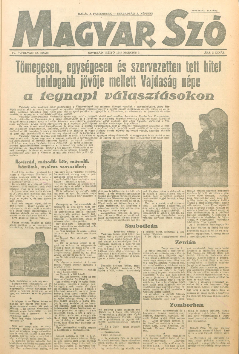 Magyar Szó, 4. évf. 1947. március 3. 52. sz. 1–4. oldal
