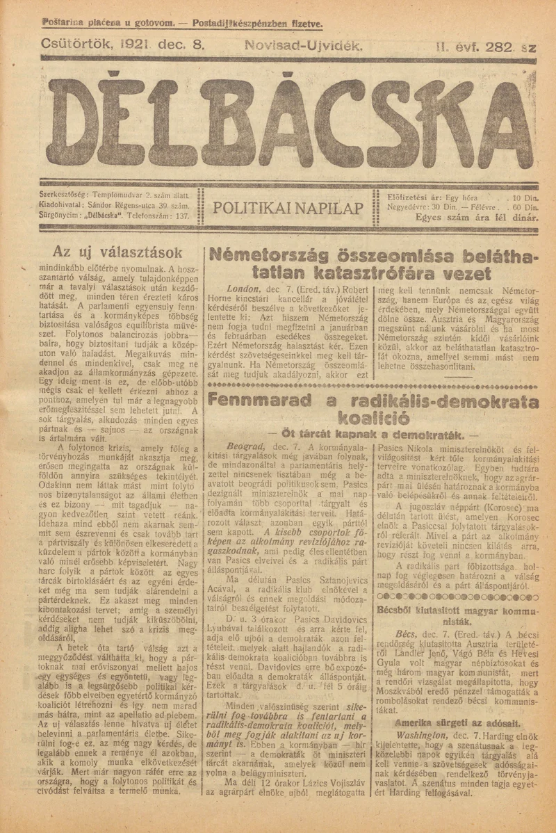 Délbácska, 2. évf. 1921. december 8. 282. sz.