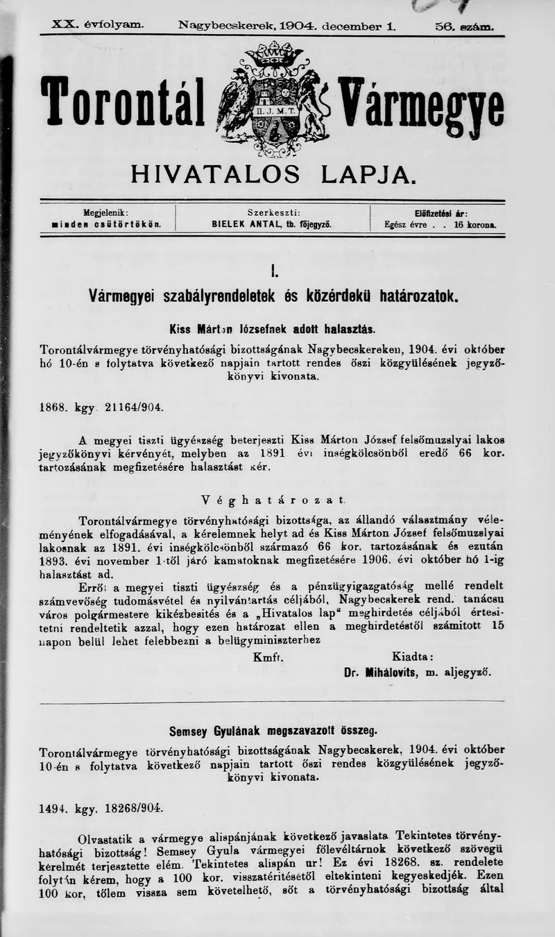 Torontál Vármegye Hivatalos Lapja, 20. évf. 1904. december 1. 56. sz.