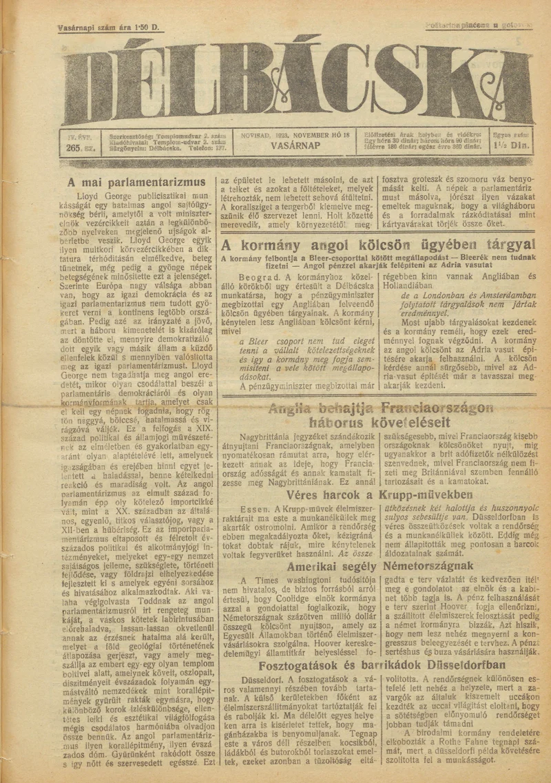 Délbácska, 4. évf. 1923. november 18. 265. sz.