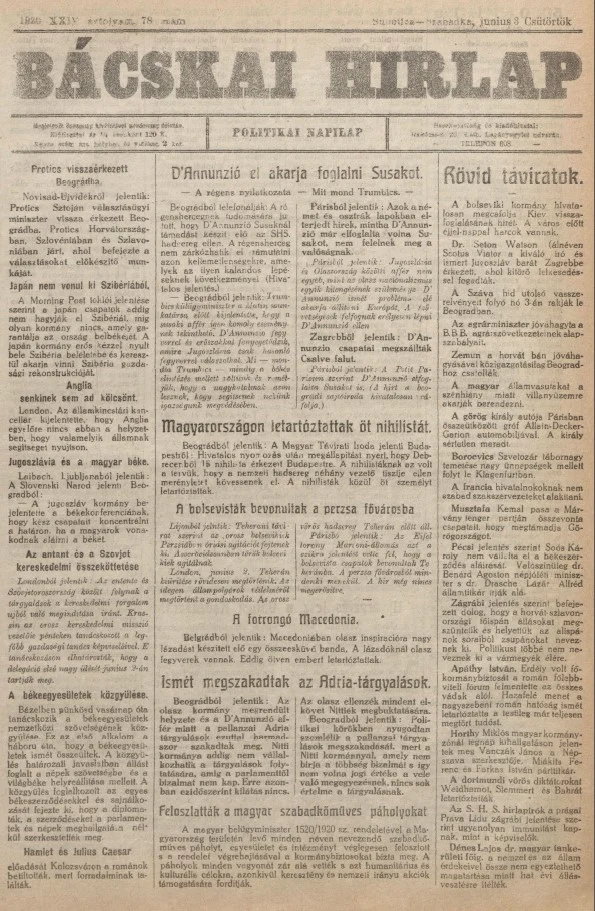 Bácskai Hirlap, 24. évf. 1920. június 3. 78. sz.