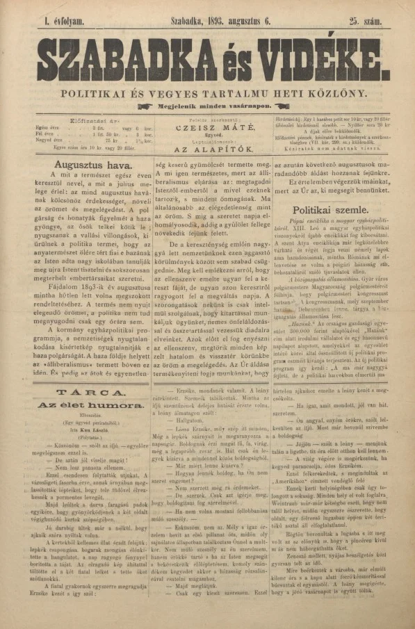 Szabadka és vidéke II, 1. évf. 1893. augusztus 6. 25. sz.