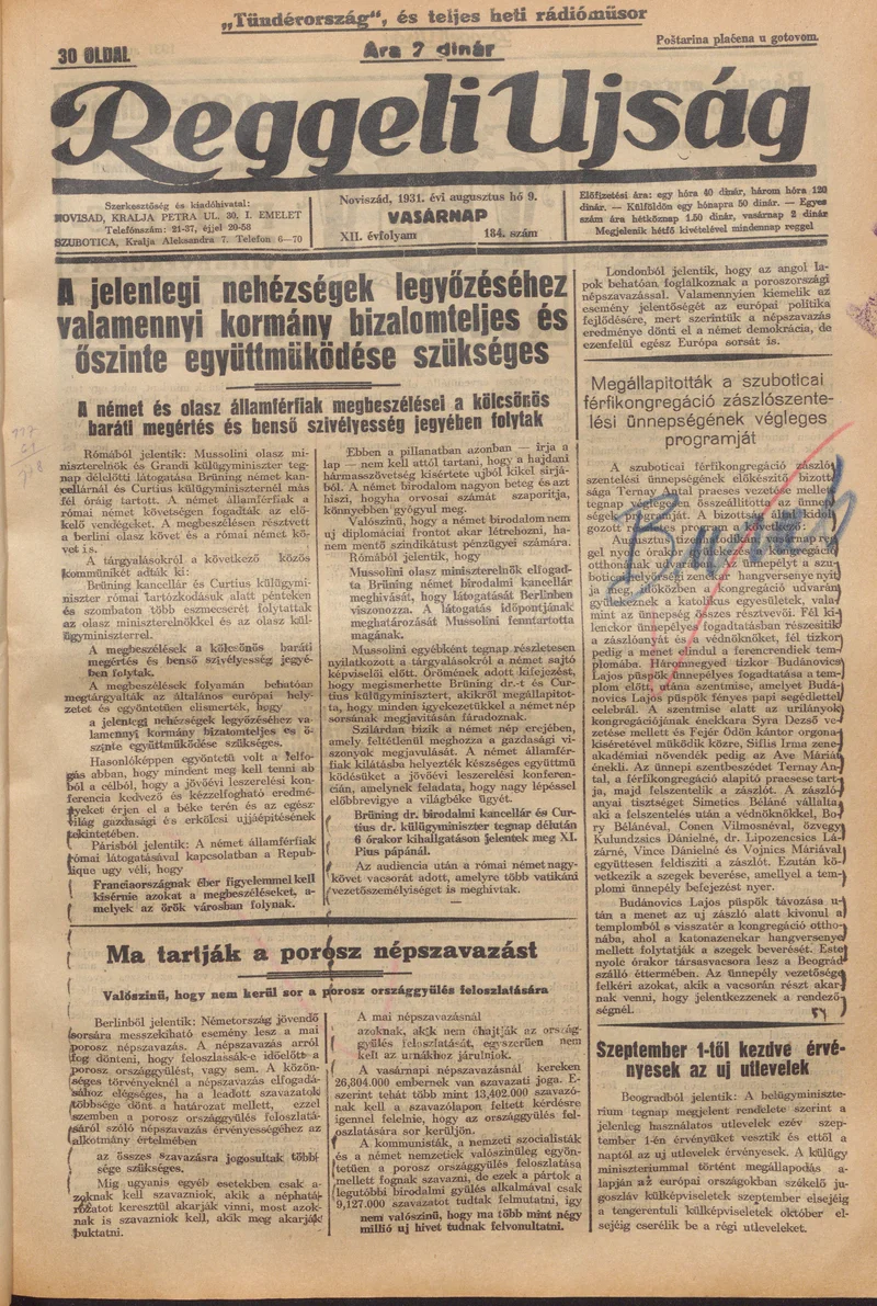 Reggeli Újság, 12. évf. 1931. augusztus 9. 184. sz.