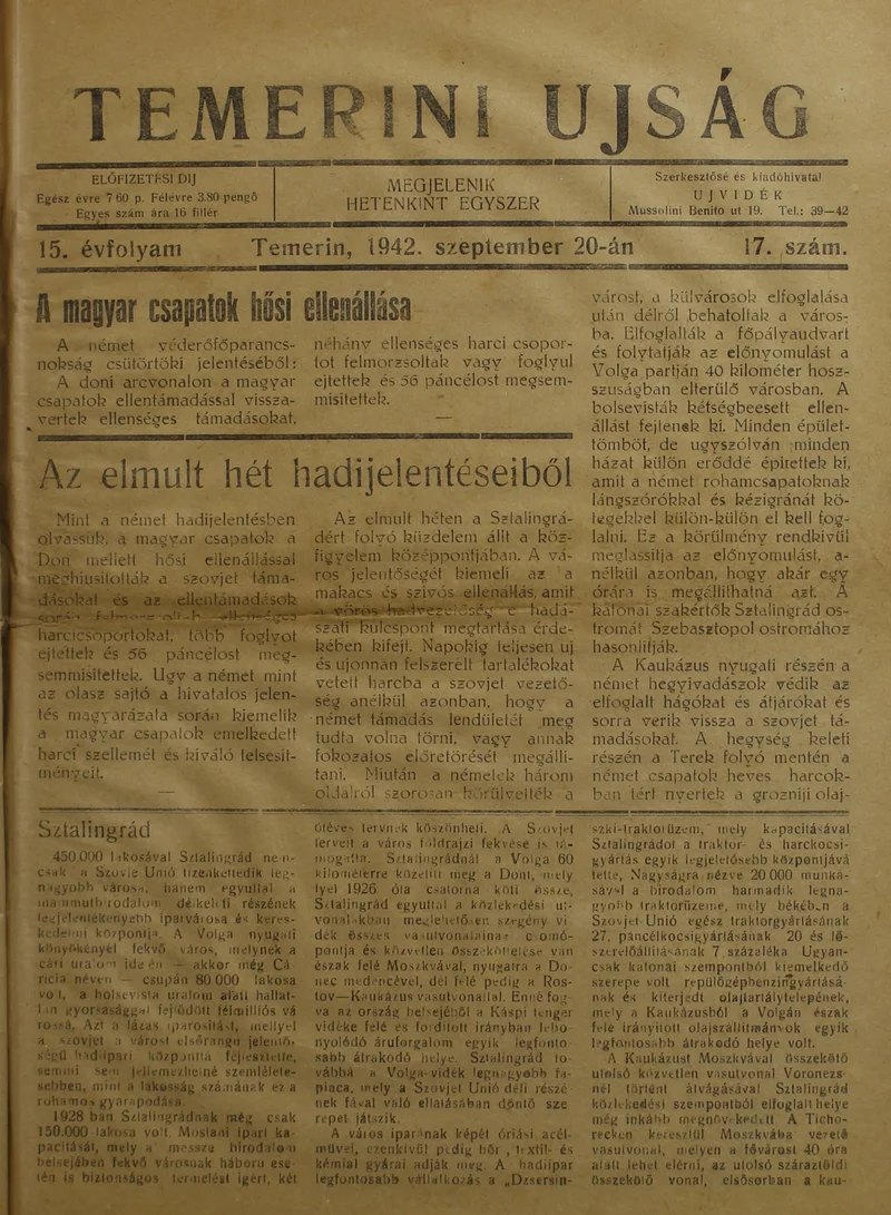 Temerini Újság 1928-1944, 15. évf. 1942. szeptember 20. 17. sz.