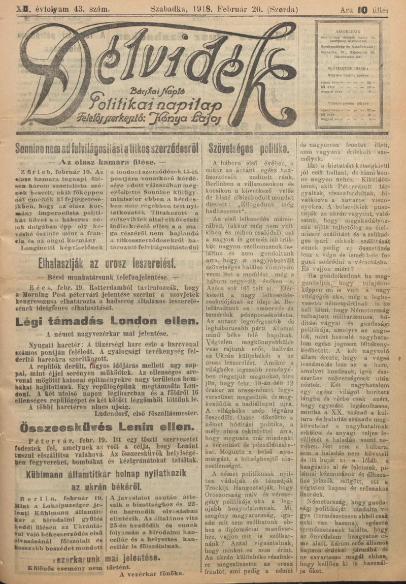 Délvidék, 12. évf. 1918. február 20. 43. sz.