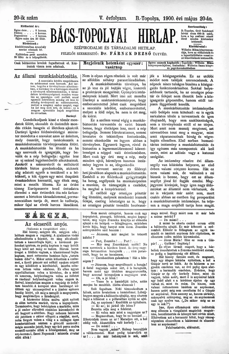 Bács-Topolyai Hirlap, 5. évf. 1900. május 20. 20. sz.