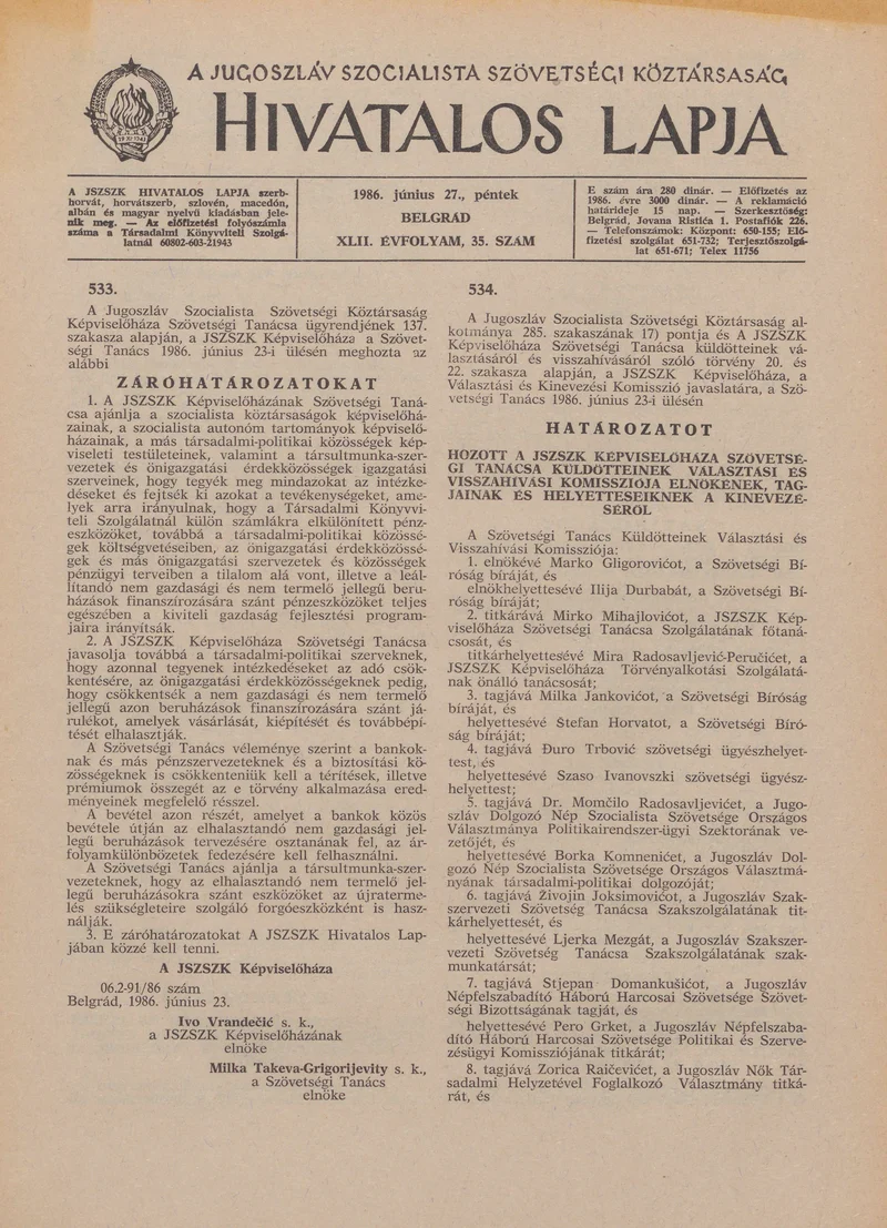 A Jugoszláv Szocialista Szövetségi Köztársaság Hivatalos Lapja, 42. évf. 1986. június 27. 35. sz. 1061–1092. oldal