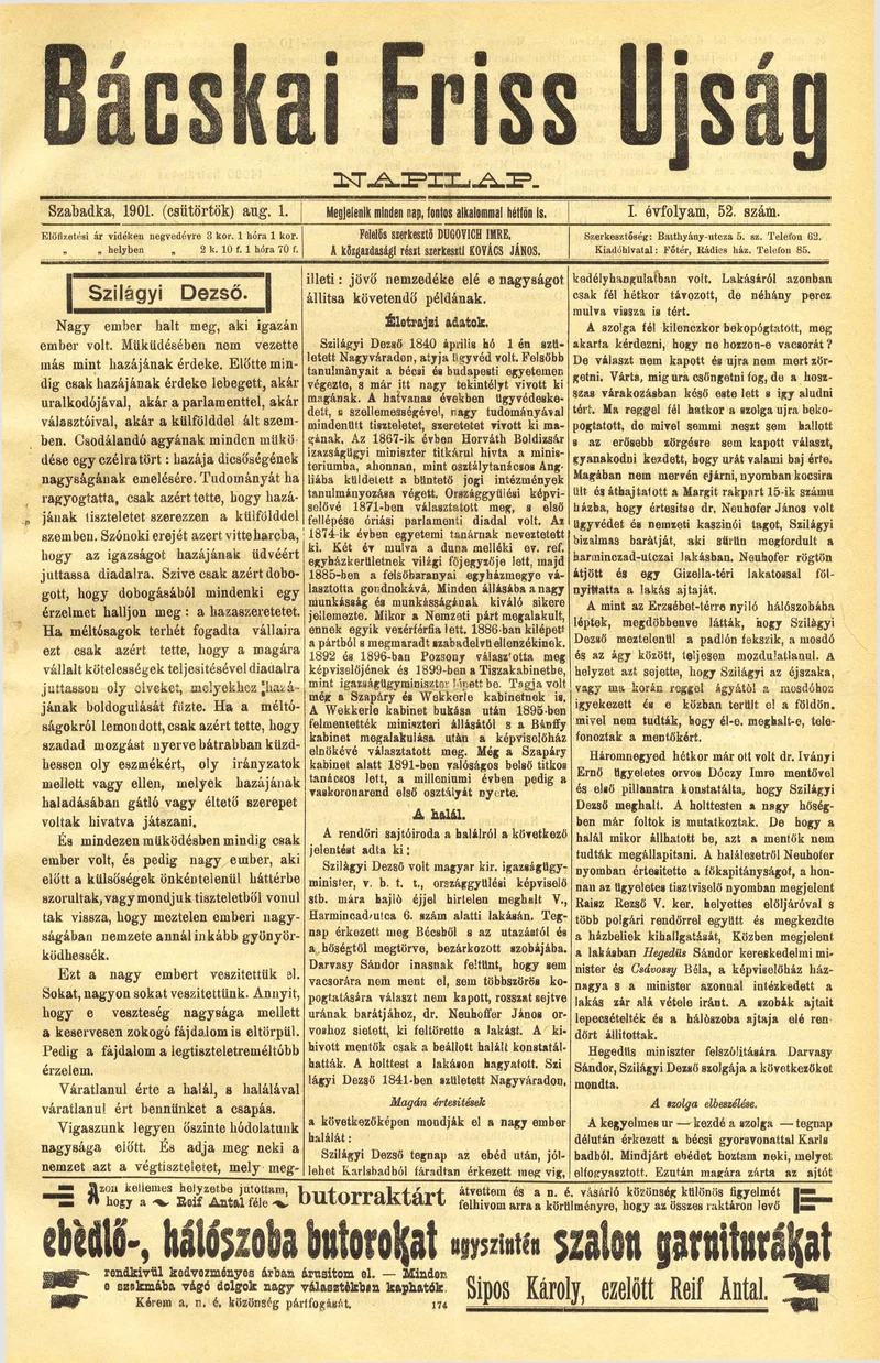 Bácskai Friss Ujság, 1. évf. 1901. augusztus 1. 52. sz.