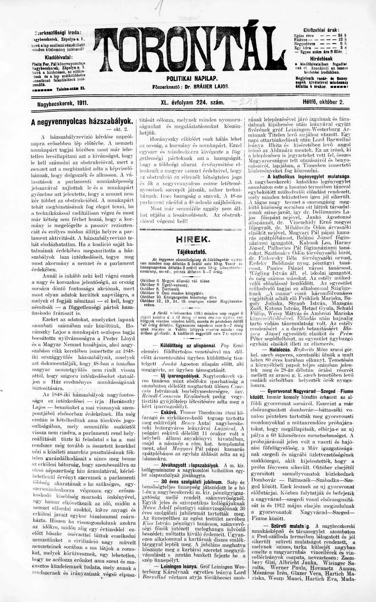 Torontál, 40. évf. 1911. október 2. 224. sz.