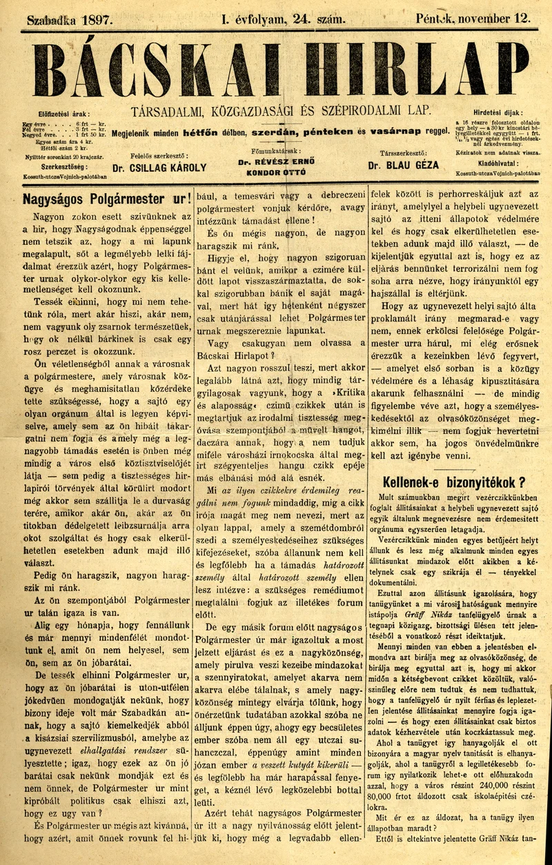 Bácskai Hirlap, 1. évf. 1897. november 12. 24. sz. 1–4. oldal