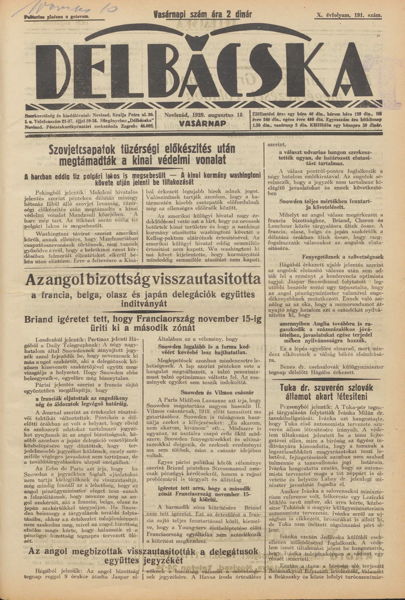 Délbácska, 10. évf. 1929. augusztus 18. 191. sz.