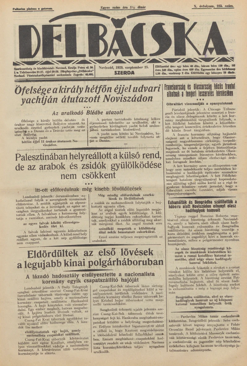 Délbácska, 10. évf. 1929. szeptember 25. 223. sz.