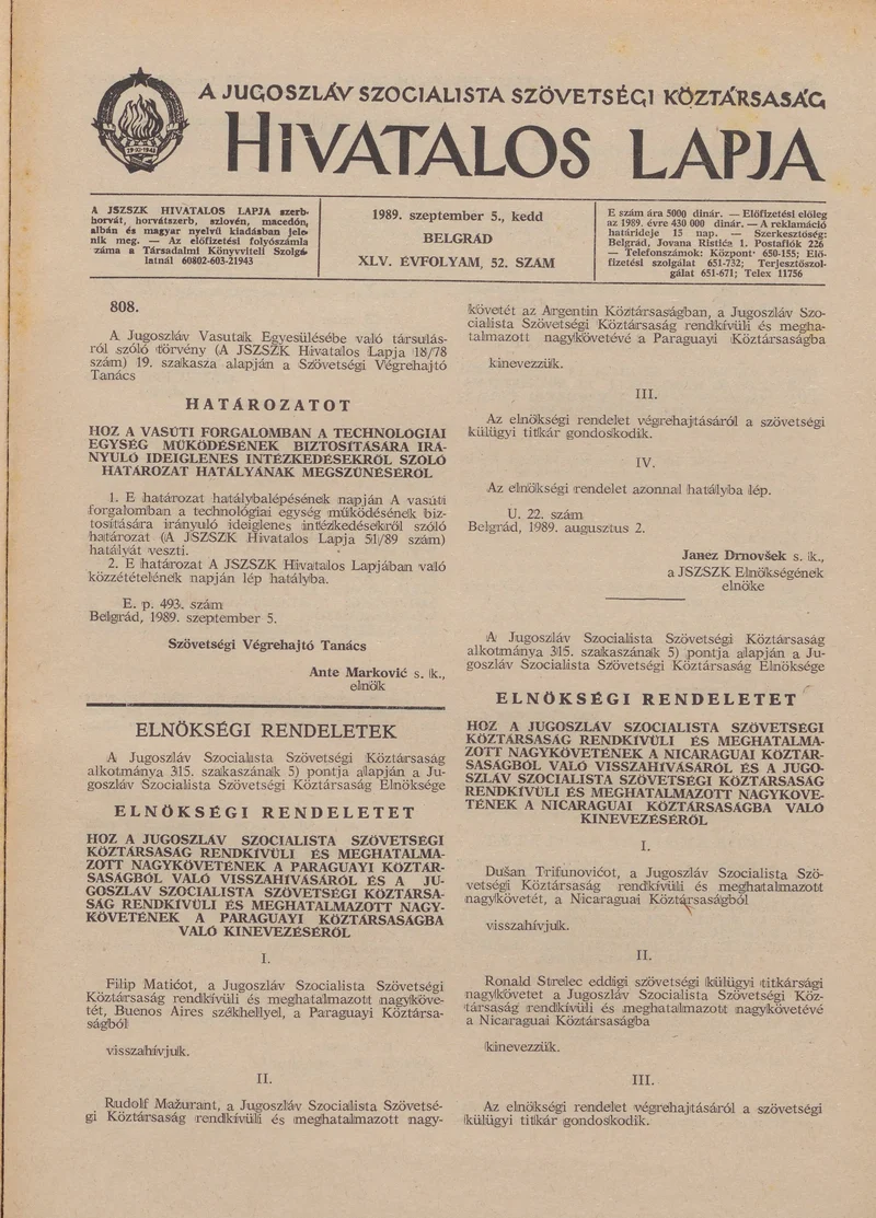 A Jugoszláv Szocialista Szövetségi Köztársaság Hivatalos Lapja, 45. évf. 1989. szeptember 5. 52. sz. 1261–1264. oldal