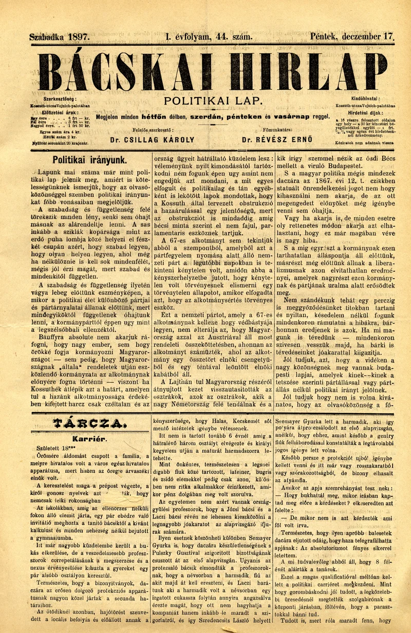 Bácskai Hirlap, 1. évf. 1897. december 17. 44. sz. 1–2. oldal