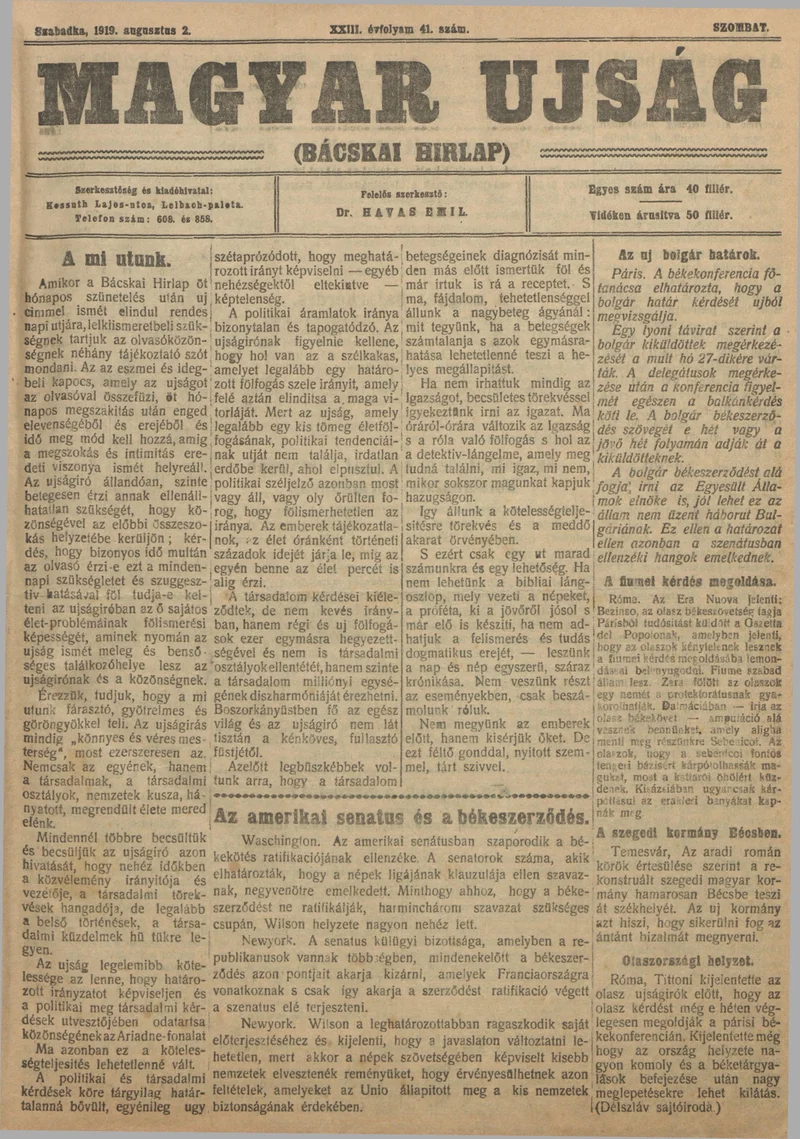 Bácskai Hirlap, 23. évf. 1919. augusztus 2. 41. sz.