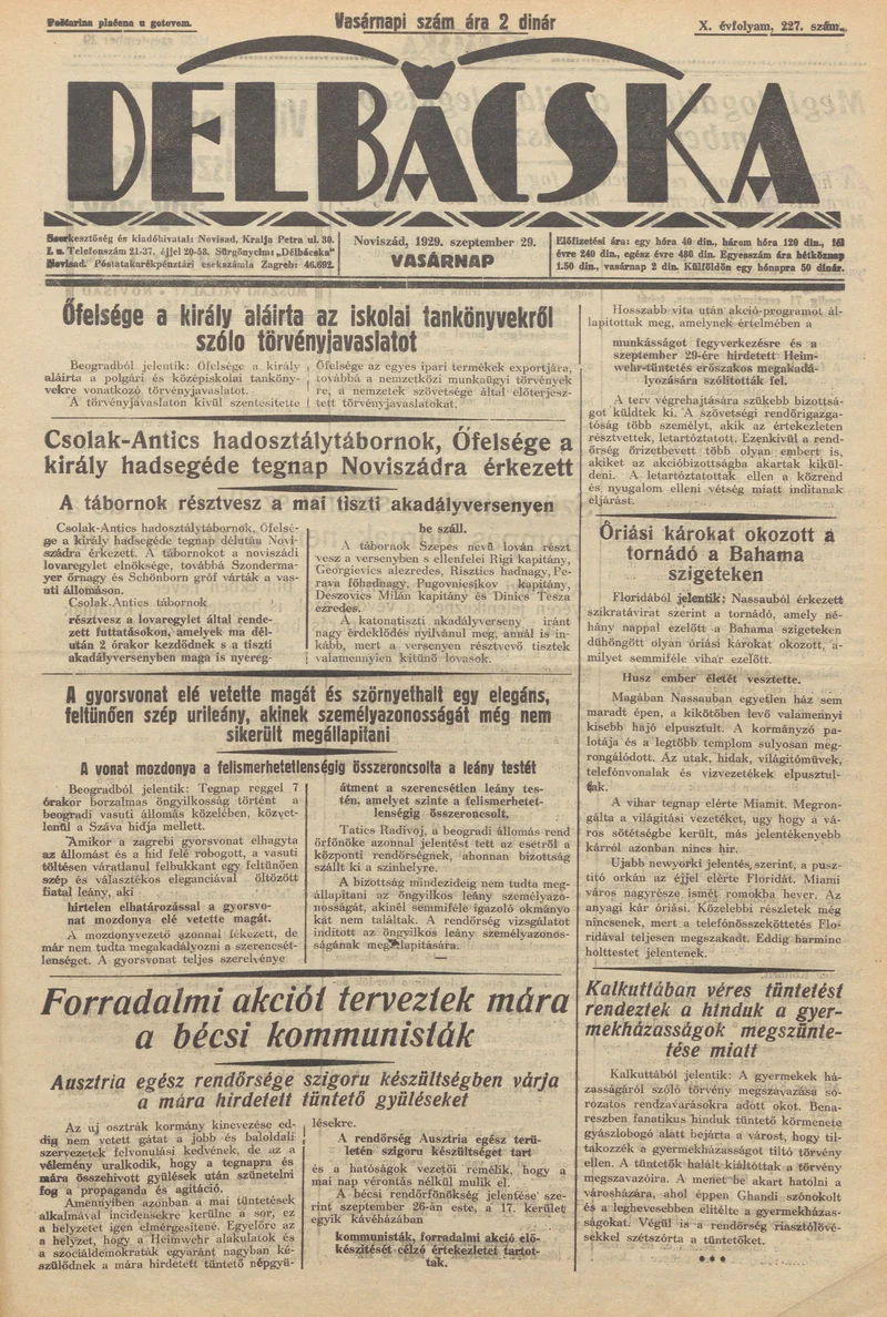 Délbácska, 10. évf. 1929. szeptember 29. 227. sz.