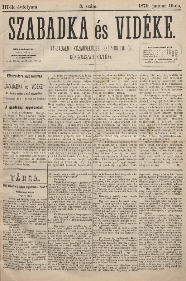 Szabadka és vidéke, 3. évf. 1879. január 19. 3. sz.