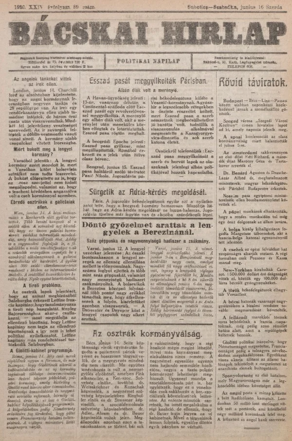 Bácskai Hirlap, 24. évf. 1920. június 16. 89. sz.