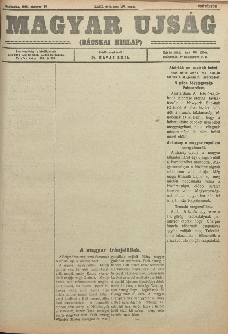 Bácskai Hirlap, 23. évf. 1919. október 30. 116. sz.