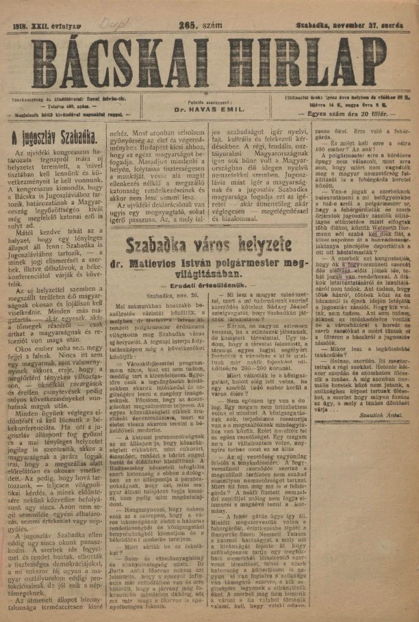 Bácskai Hirlap, 22. évf. 1918. november 27. 265. sz.