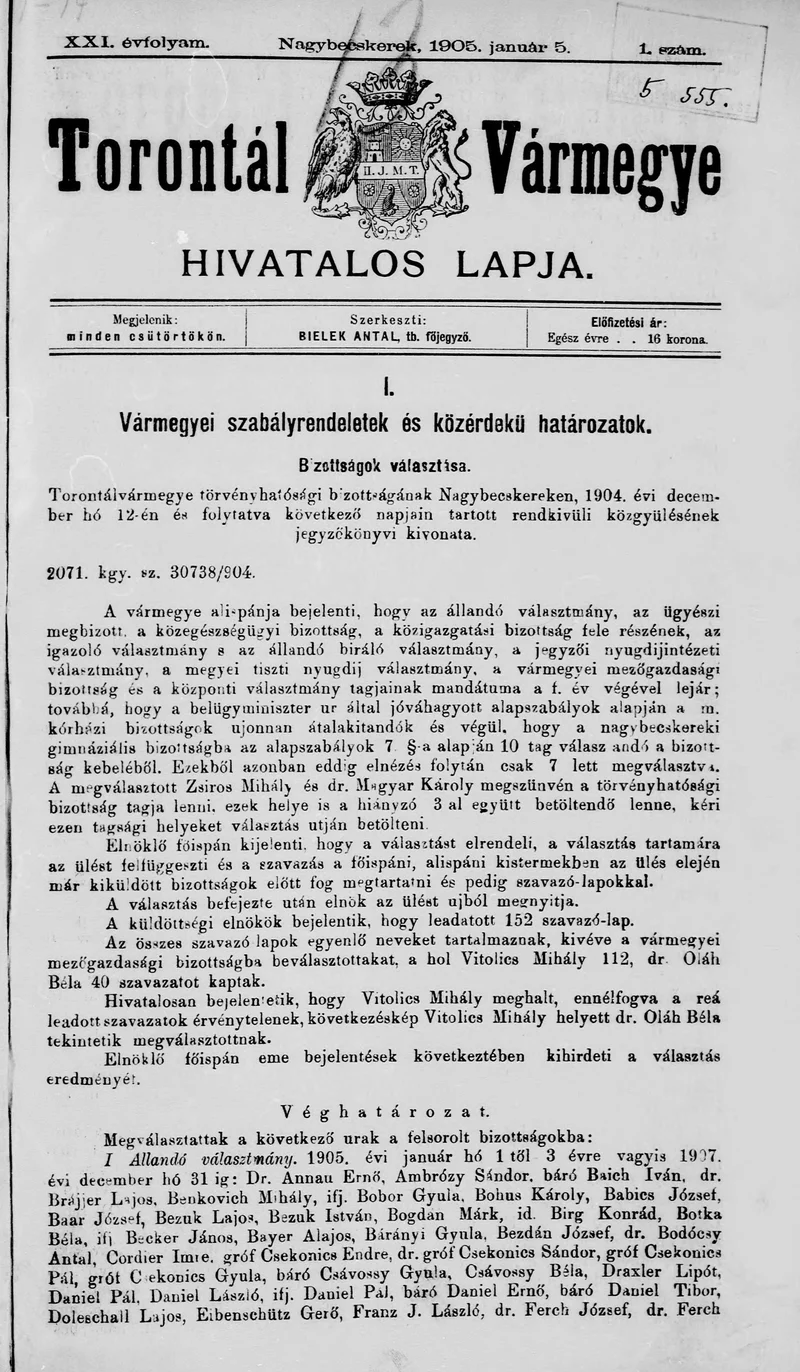Torontál Vármegye Hivatalos Lapja, 21. évf. 1905. január 5. 1. sz.