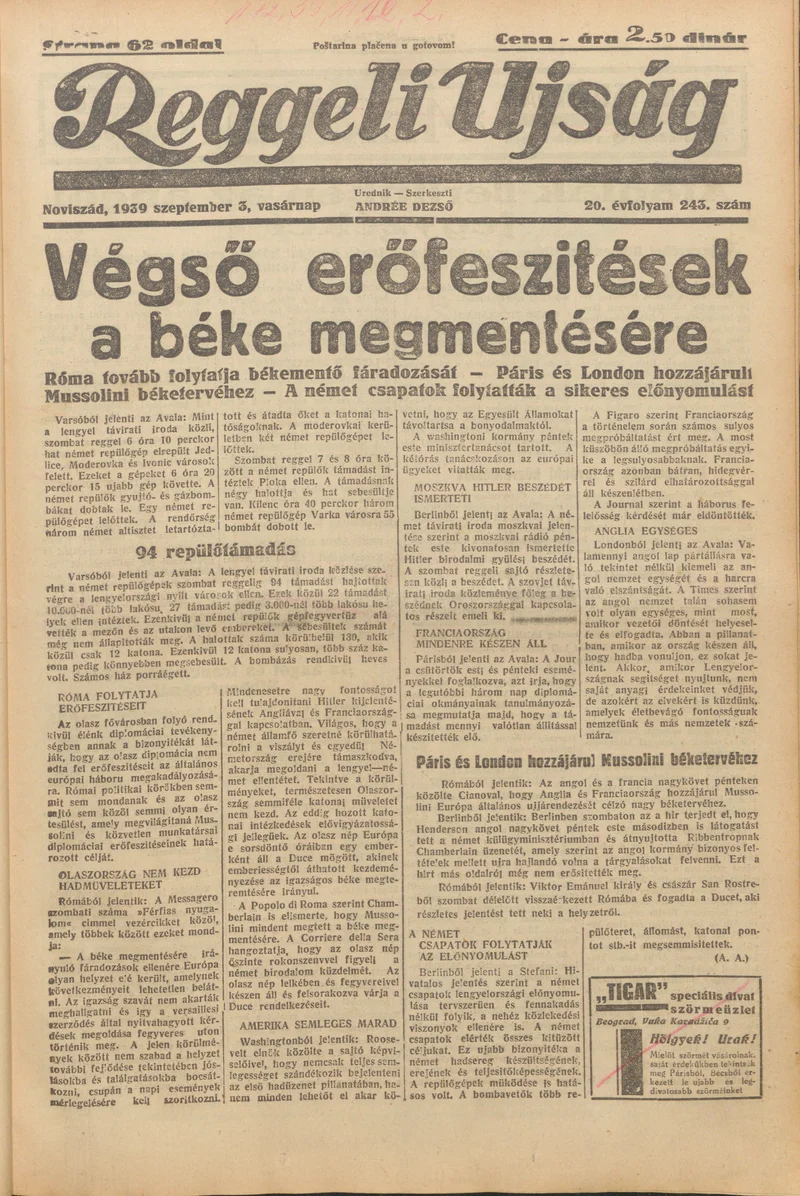 Reggeli Újság, 20. évf. 1939. szeptember 3. 243. sz.
