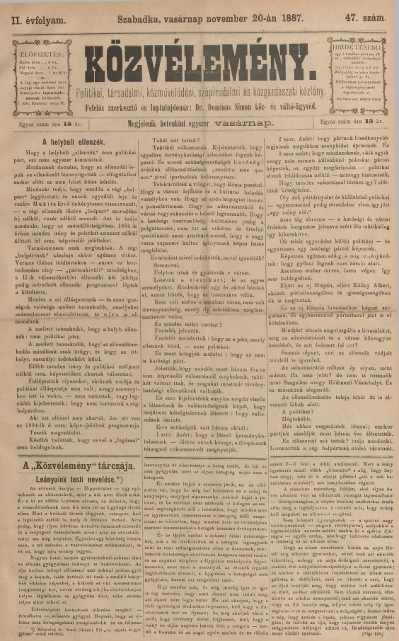 Közvélemény, 2. évf. 1887. november 20. 47. sz.