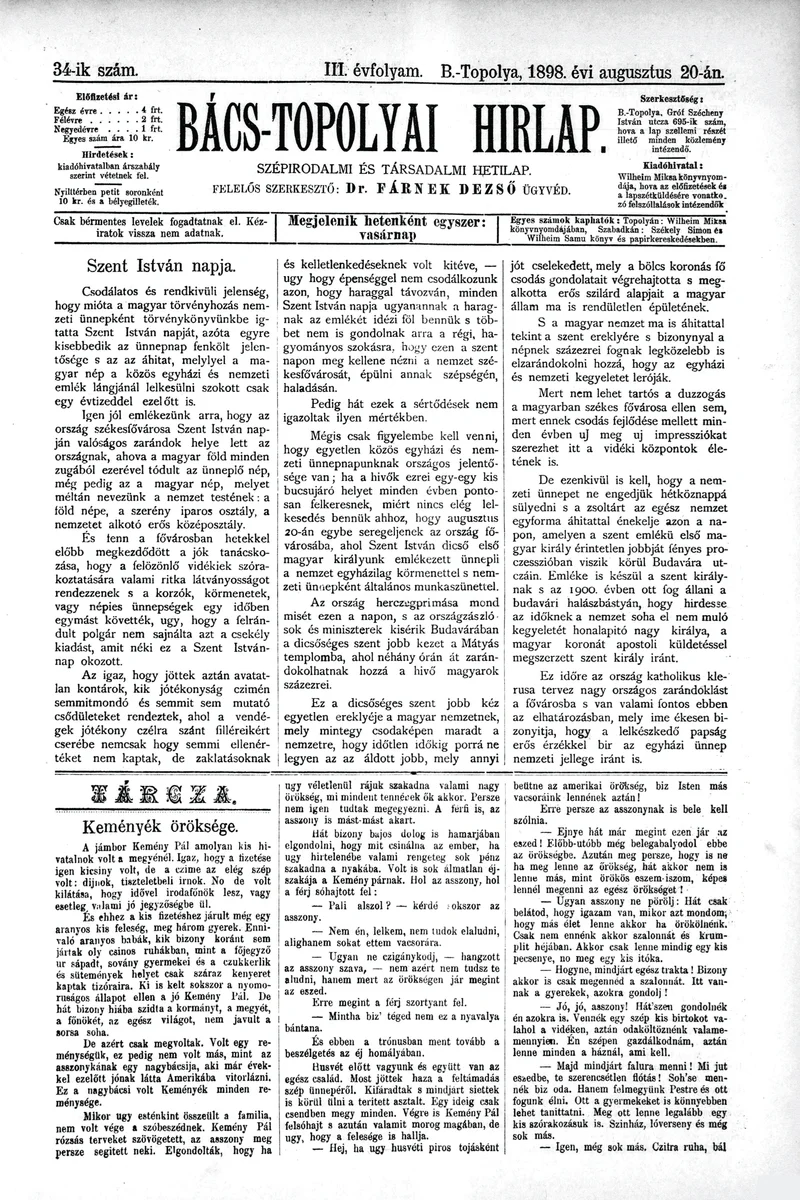 Bács-Topolyai Hirlap, 3. évf. 1898. augusztus 20. 34. sz.