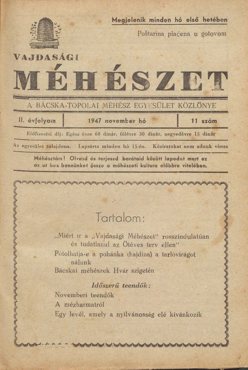 Vajdasági méhészet Bácska Topolya, 2. évf. 1947. november 1. 11. sz.