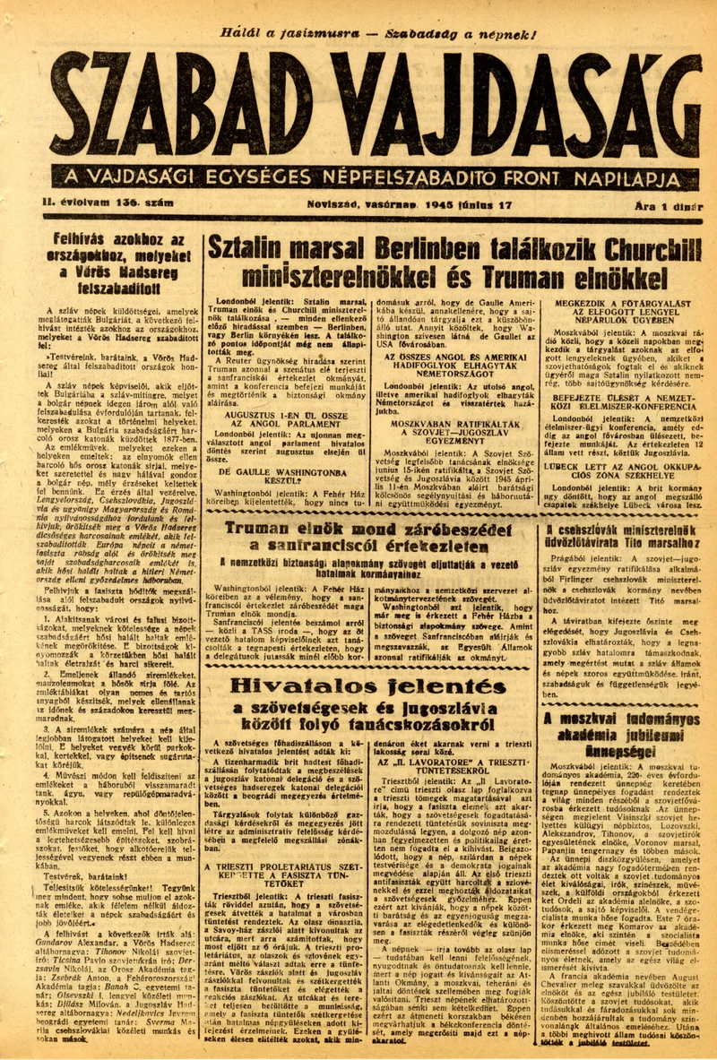 Szabad Vajdaság, 2. évf. 1945. június 17. 136. sz.