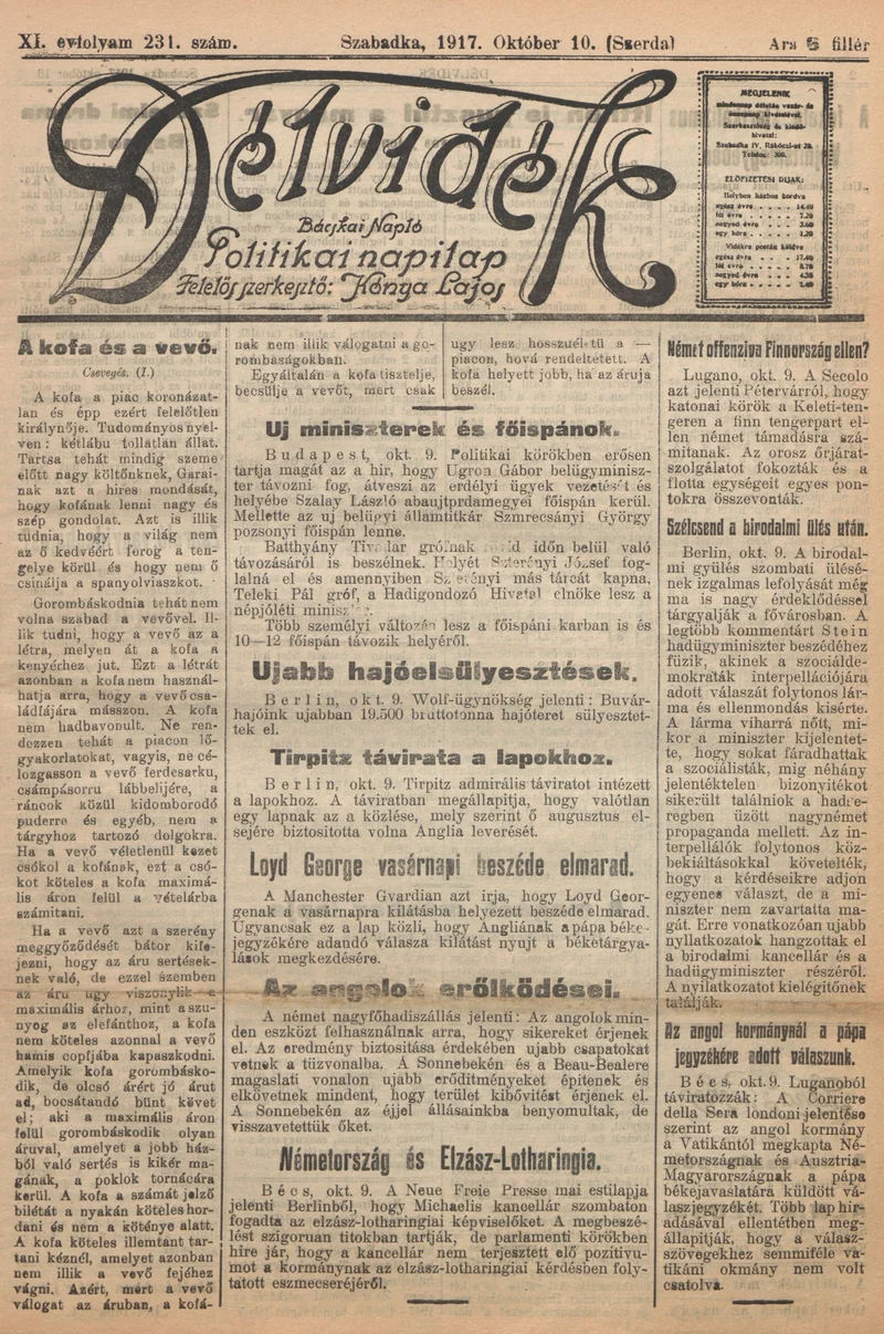 Délvidék, 11. évf. 1917. október 10. 231. sz.