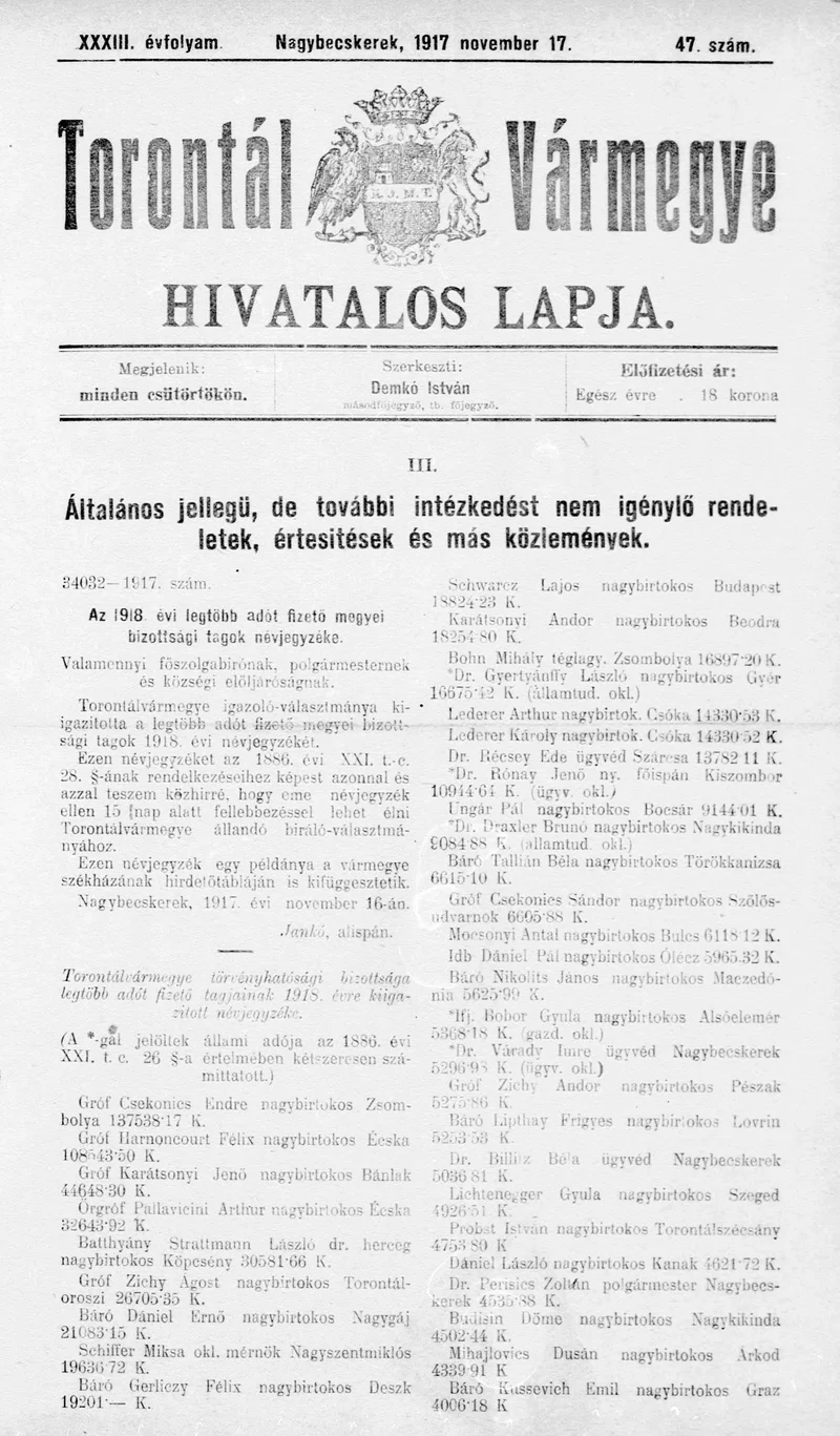 Torontál Vármegye Hivatalos Lapja, 33. évf. 1917. november 17. 47. sz.