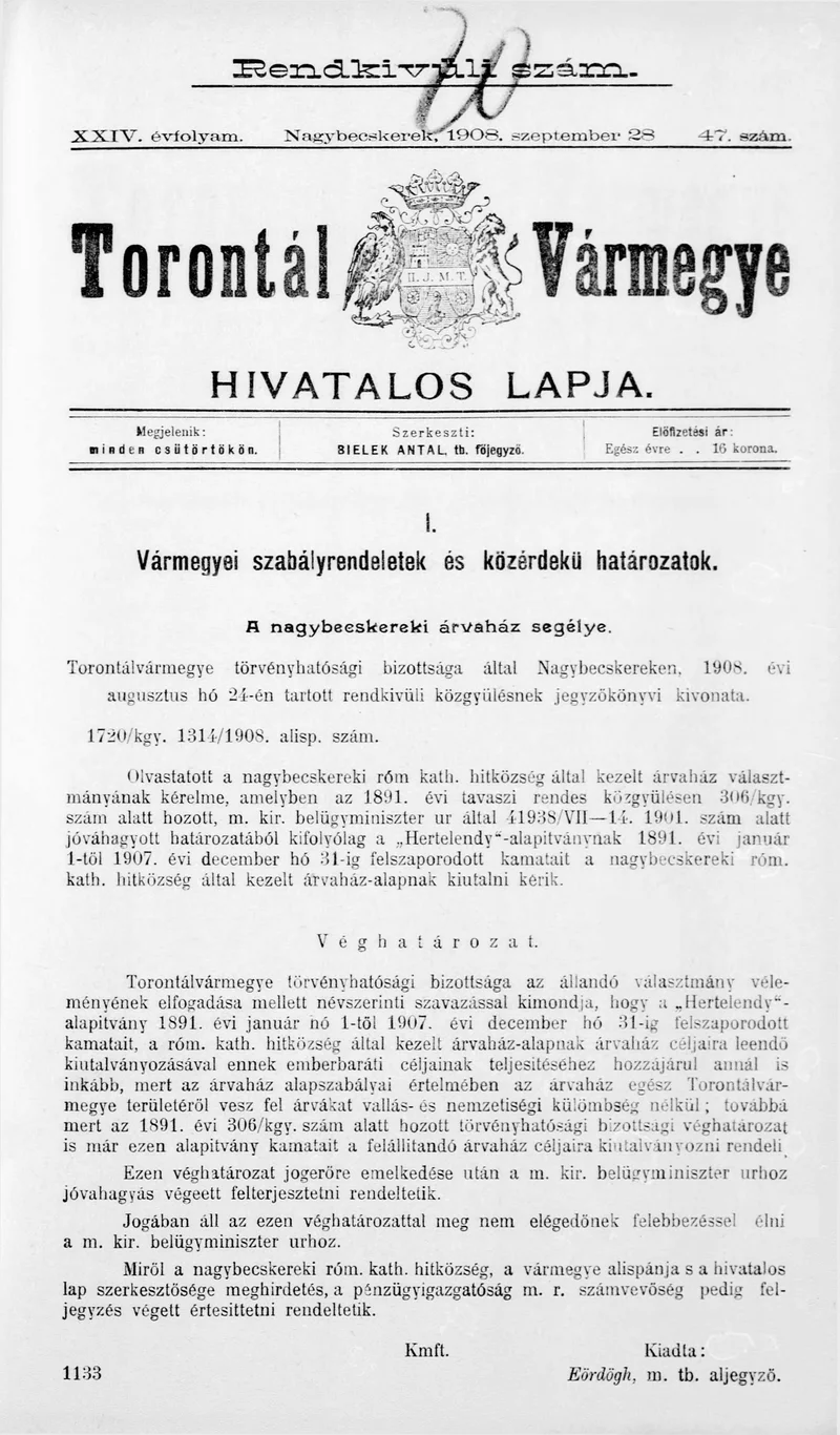 Torontál Vármegye Hivatalos Lapja, 24. évf. 1906. szeptember 28. 47. sz.