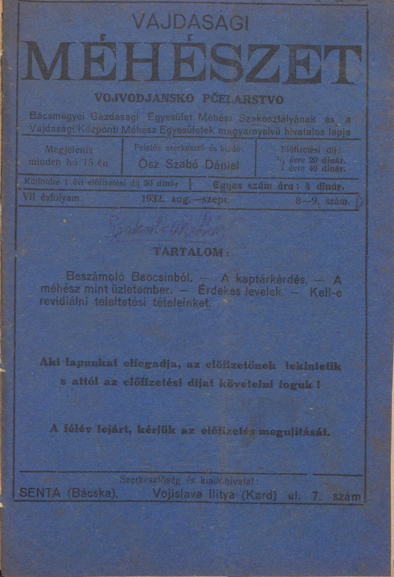 Vajdasági méhészet, 7. évf. 1932. augusztus 1. – szeptember 1. 8–9. sz.