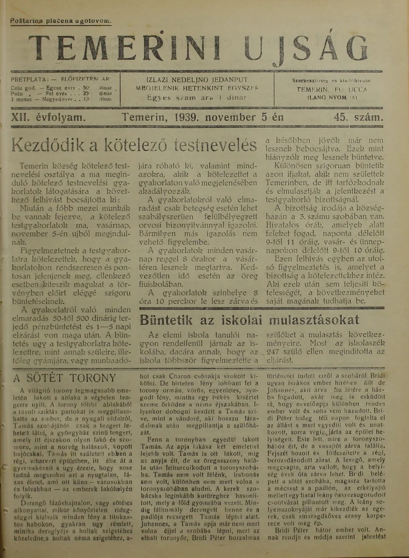 Temerini Újság 1928-1944, 12. évf. 1939. november 5. 45. sz.