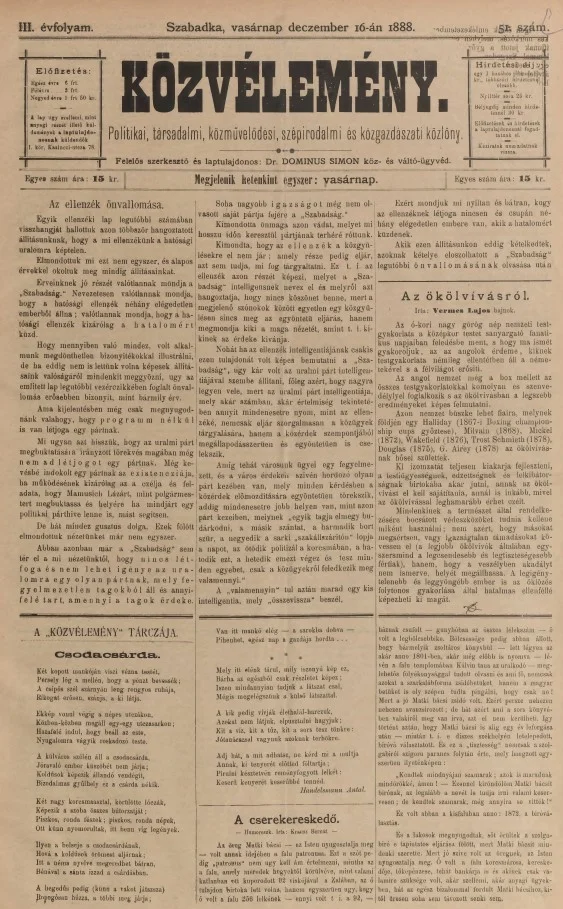 Közvélemény, 3. évf. 1888. december 16. 51. sz.