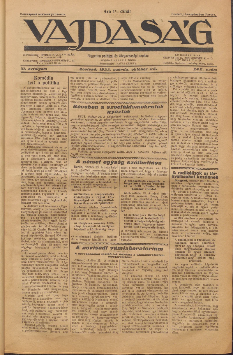 Vajdaság, 3. évf. 1923. október 24. 242. sz.