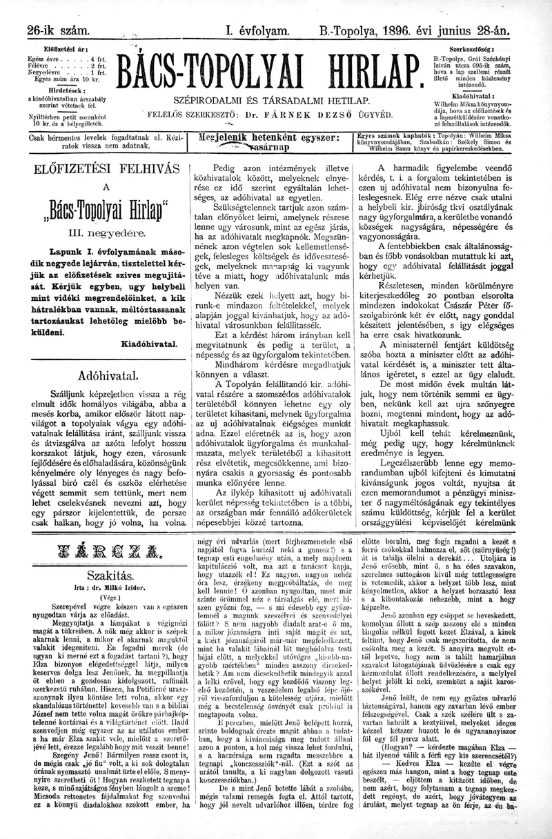 Bács-Topolyai Hirlap, 1. évf. 1896. június 28. 26. sz.