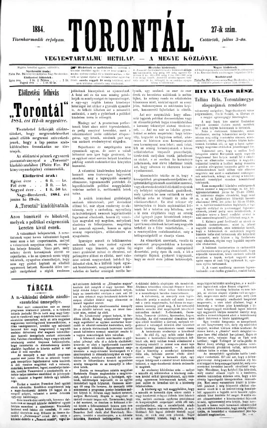Torontál, 13. évf. 1884. július 3. 27. sz.