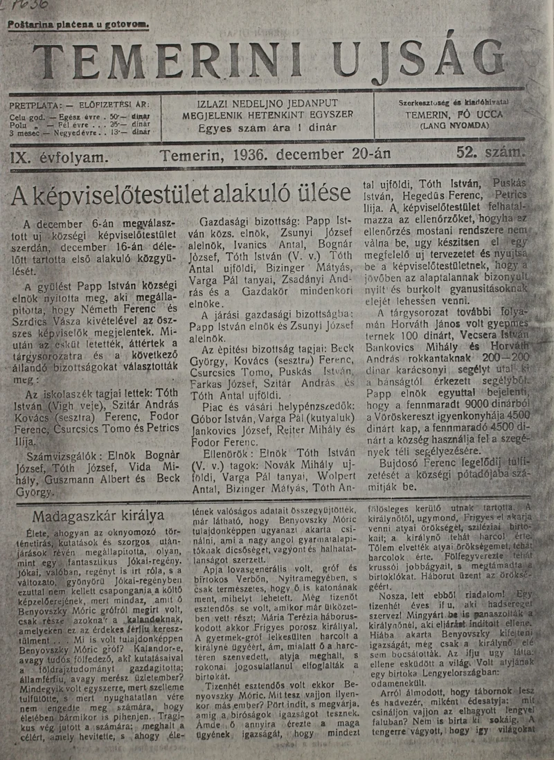 Temerini Újság 1928-1944, 9. évf. 1936. december 20. 52. sz.