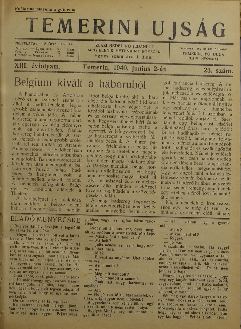 Temerini Újság 1928-1944, 13. évf. 1940. június 2. 23. sz.