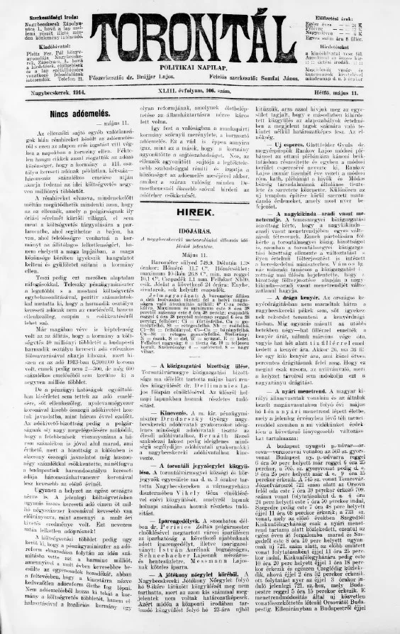 Torontál, 43. évf. 1914. május 11. 106. sz.
