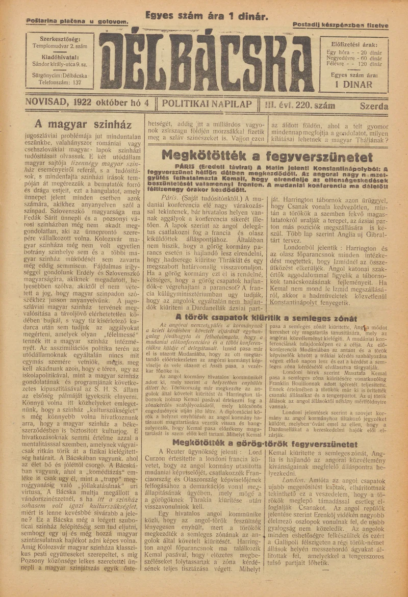 Délbácska, 3. évf. 1922. október 4. 220. sz.