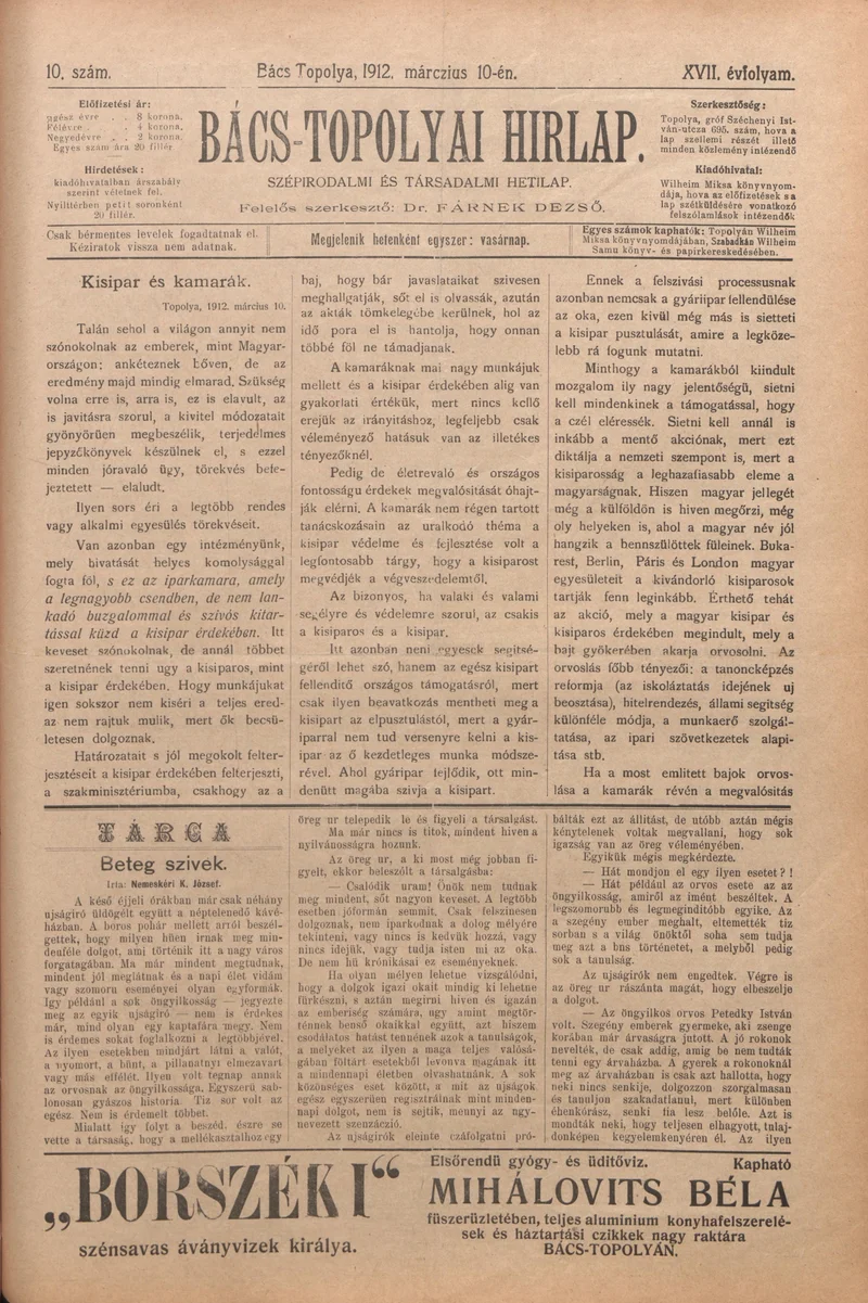 Bács-Topolyai Hirlap, 17. évf. 1912. március 10. 10. sz.