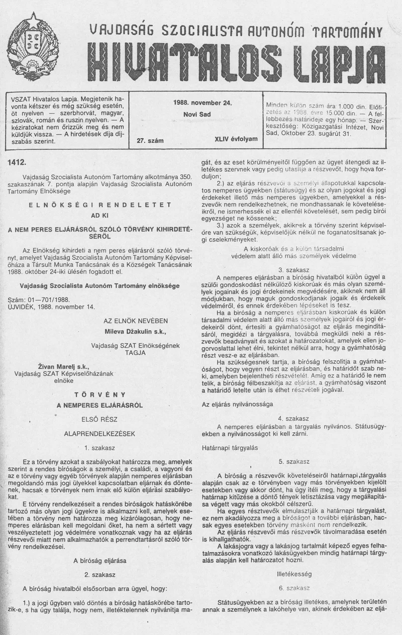 Vajdaság Szocialista Autonóm Tartomány Hivatalos Lapja, 44. évf. 1988. november 24. 27. sz.
