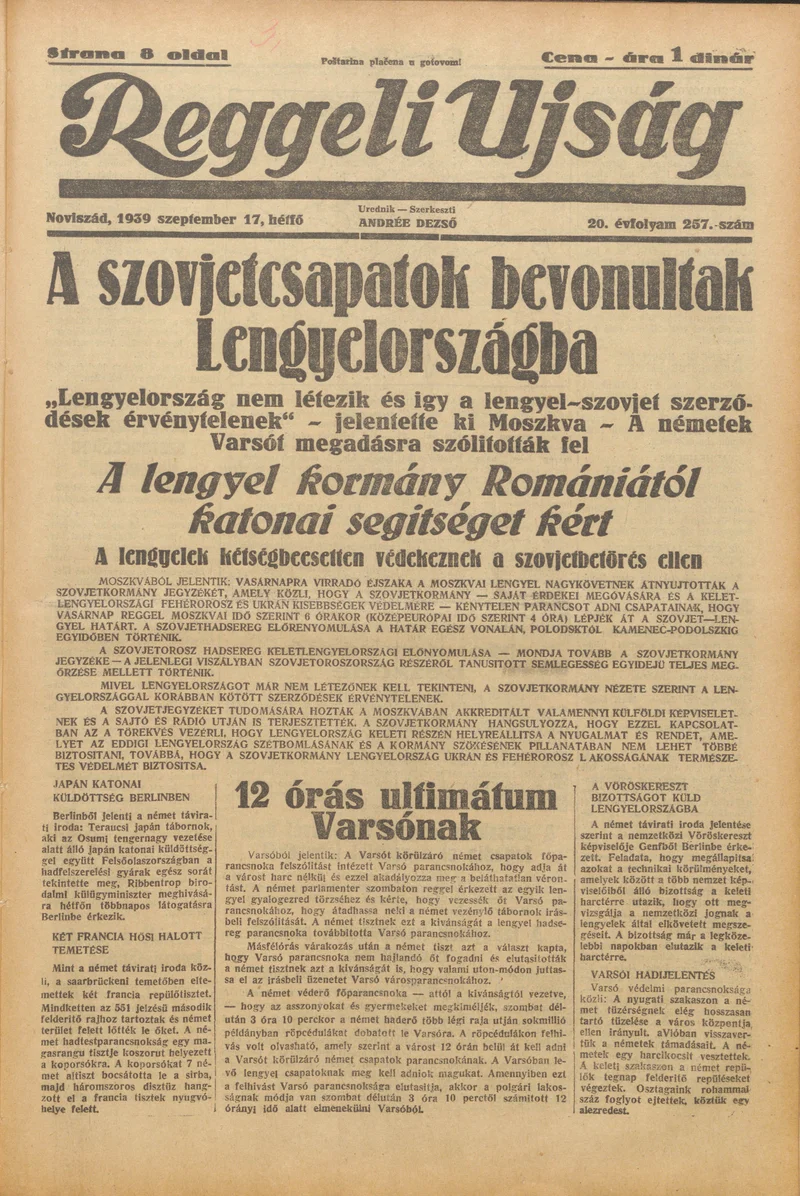 Reggeli Újság, 20. évf. 1939. szeptember 18. 257. sz.