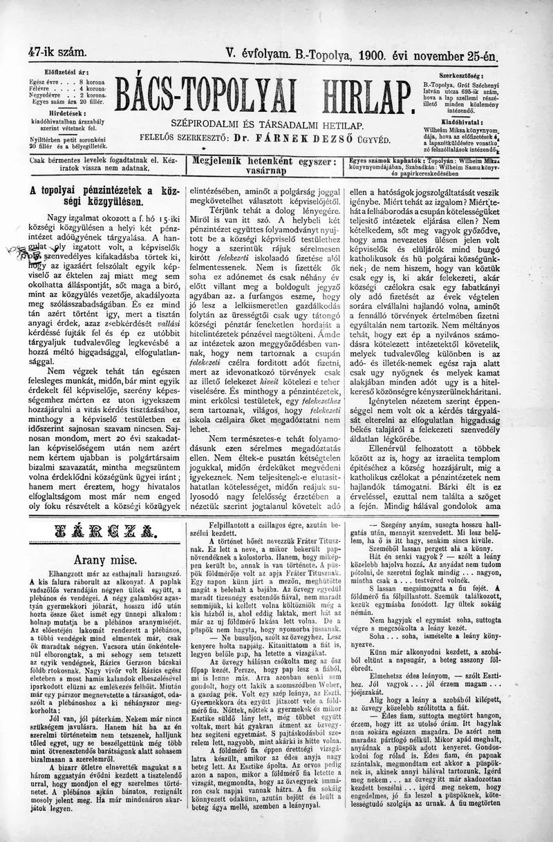 Bács-Topolyai Hirlap, 5. évf. 1900. november 25. 47. sz.