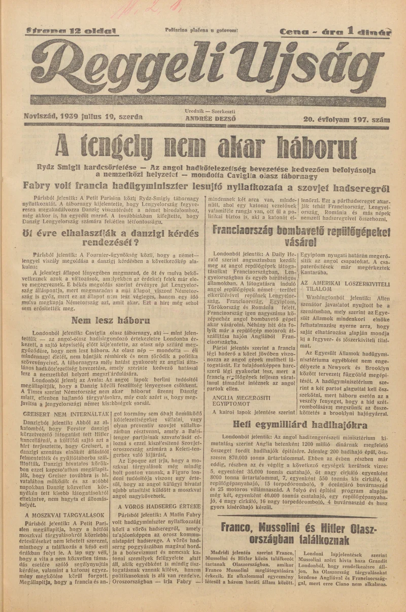 Reggeli Újság, 20. évf. 1939. július 19. 197. sz.